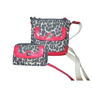 Coach Park Ocelot Animal Print Red Patent Leather Crossbody Bag Matching Wallet